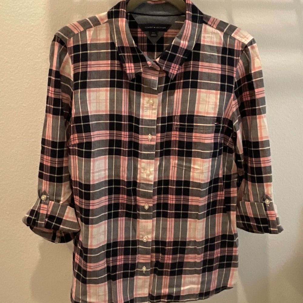 Pink and blue plaid blouse